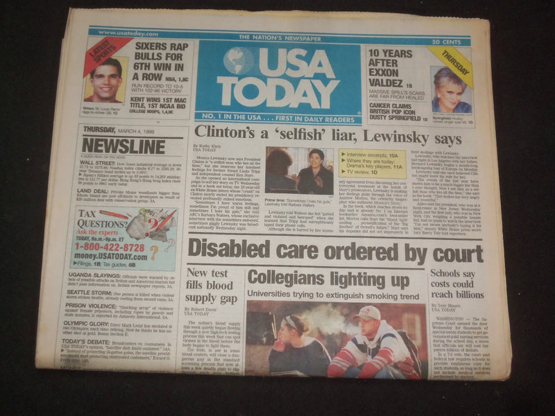 1999 MARCH 4 USA TODAY NEWSPAPER-CLINTON'S A SELFISH LIAR, LEWINSKY SAYS-NP 8008