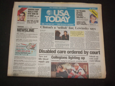 1999 MARCH 4 USA TODAY NEWSPAPER-CLINTON'S A SELFISH LIAR, LEWINSKY SAYS-NP 8008