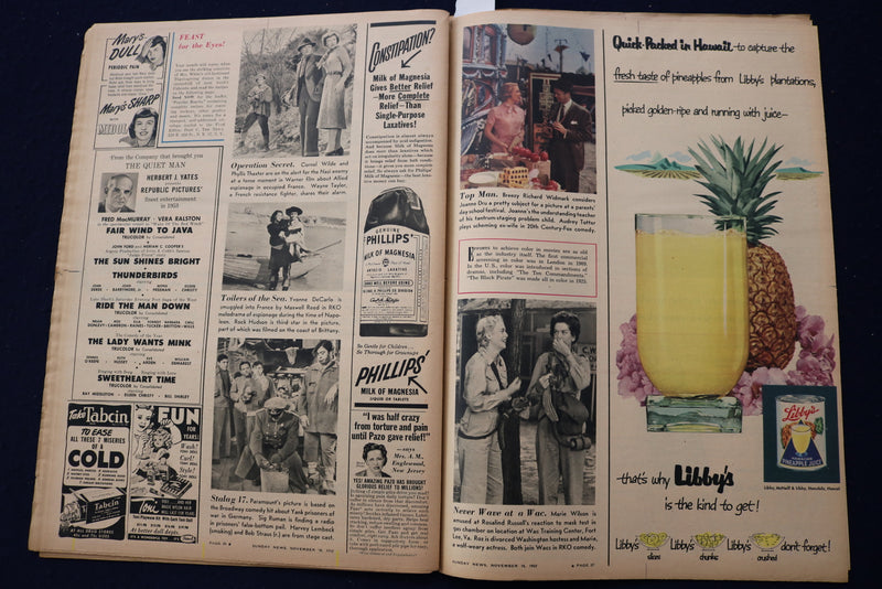 1952 NOV 16 SUNDAY NEWS PICTURE NEWSPAPER -RAY BOLGER-DORIS DAY-MOVIES - E 22771