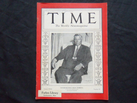 1931 SEPTEMBER 21 TIME MAGAZINE - GOVERNOR ROSS SHAW STERLING - T 291