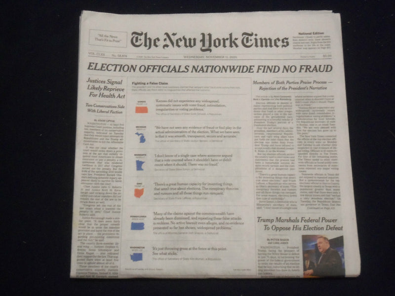 2020 NOVEMBER 11 NEW YORK TIMES - ELECTIONS OFFICIALS NATIONWIDE FIND NO FRAUD