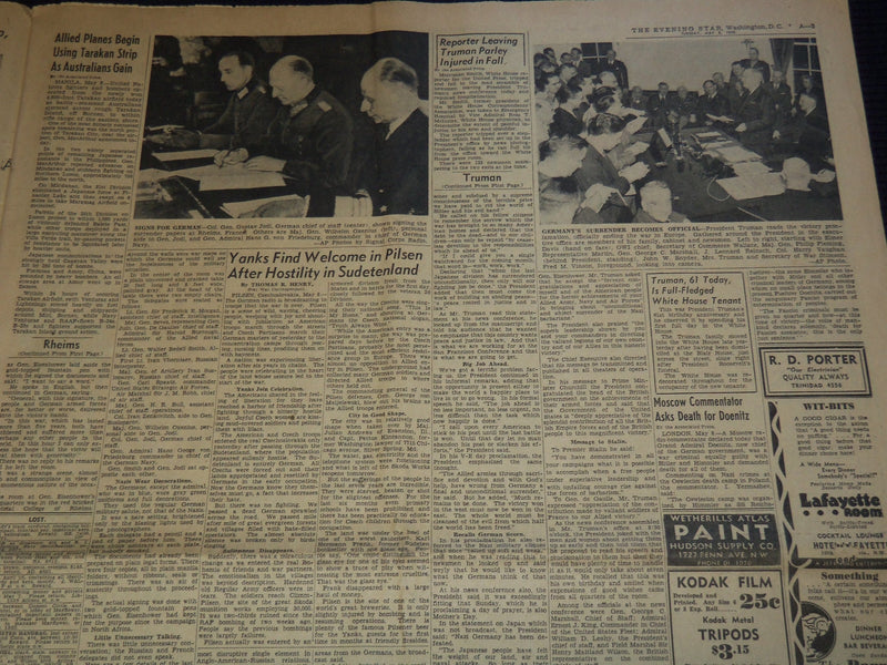 1945 MAY 8 THE EVENING STAR NEWSPAPER - TRUMAN PROCLAIMS - V-E DAY - NT 9457