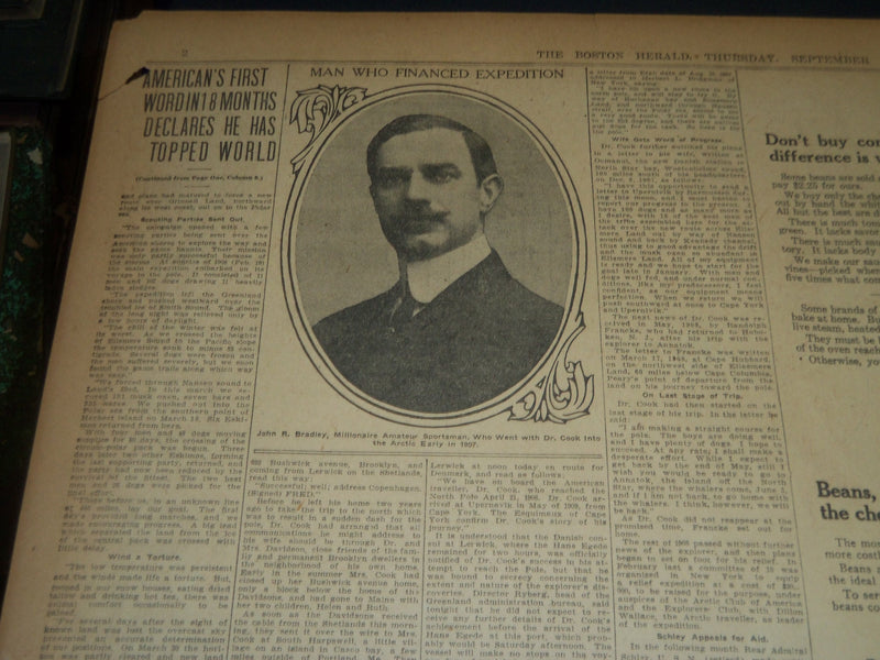1909 SEPTEMBER 2 THE BOSTON HERALD - COOK REPORTS HE HAS REACHED POLE - BH 209