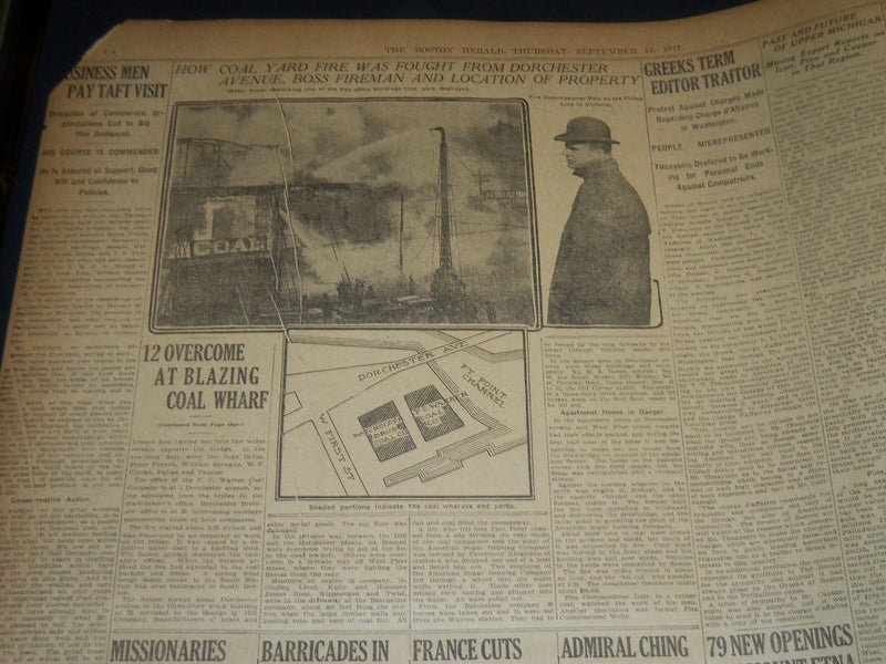 1911 SEPTEMBER 14 THE BOSTON HERALD - COAL WHARF FIRE IN SOUTH BOSTON - BH 313