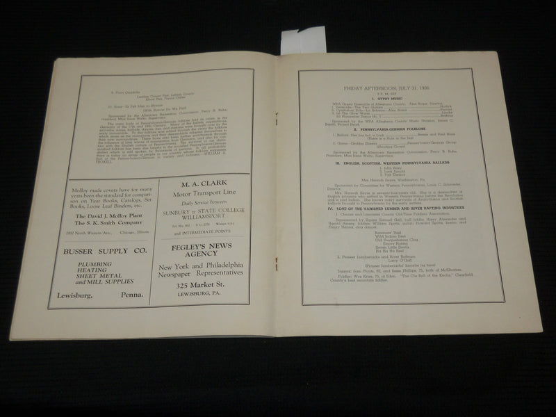 1936 PENNSYLVANIA FOLK FESTIVAL PROGRAM - BUCKNELL UNIVERSITY- J 7014