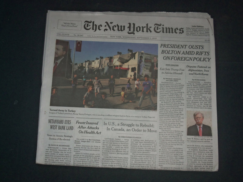 2019 SEPTEMBER 11 NEW YORK TIMES - TRUMP OUSTS BOLTON AMID RIFTS FOREIGN POLICY