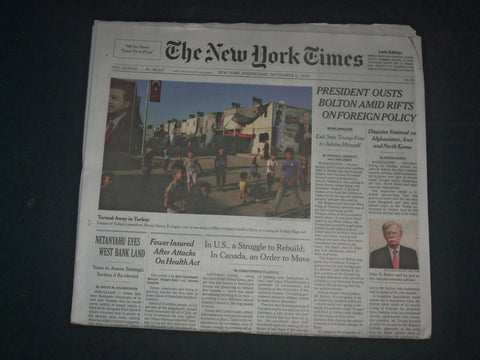 2019 SEPTEMBER 11 NEW YORK TIMES - TRUMP OUSTS BOLTON AMID RIFTS FOREIGN POLICY