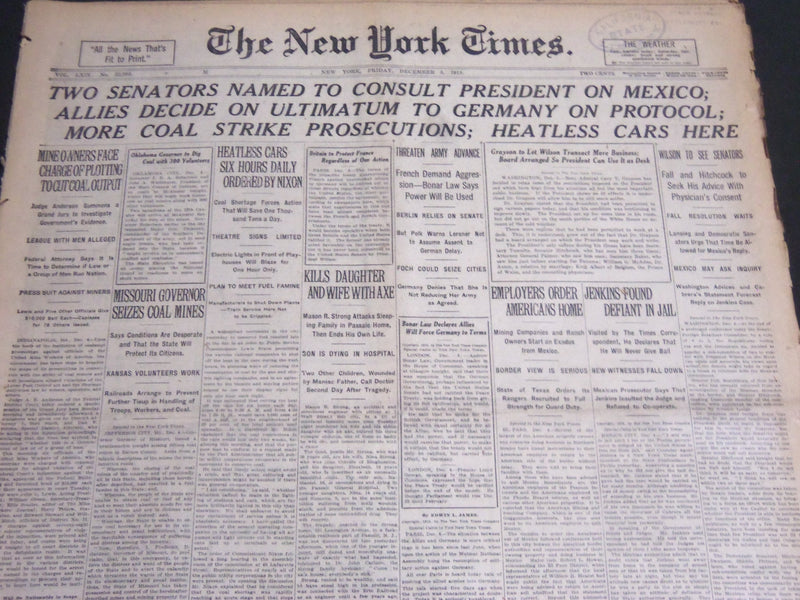 1919 DECEMBER 5 NEW YORK TIMES - ALLIES DECIDE ON ULTIMATUM TO GERMANY - NT 7018