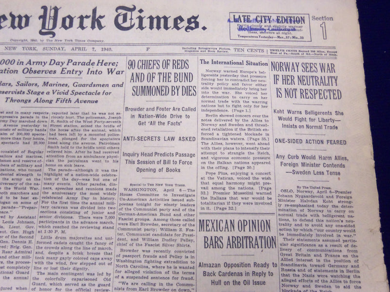 1940 APR 7 NEW YORK TIMES NEWSPAPER - NORWAY SEES WAR IF NOT RESPECTED - NT 47