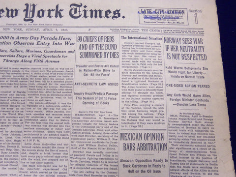 1940 APR 7 NEW YORK TIMES NEWSPAPER - NORWAY SEES WAR IF NOT RESPECTED - NT 47