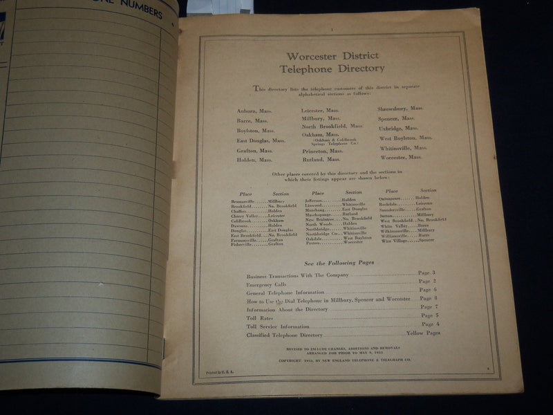 1933 JUNE WORCESTER DISTRICT TELEPHONE DIRECTORY BOOK - J 8804