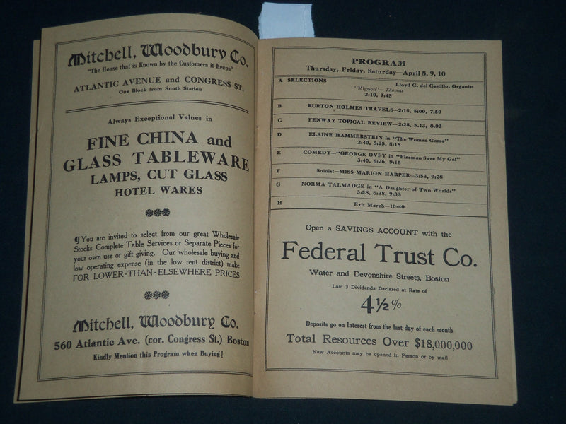 1920 FENWAY THEATRE PROGRAM - NORMA TALMADGE IN DAUGHTER OF TWO WORLDS - J 4080
