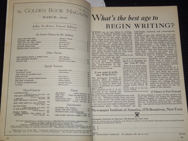 1934 MARCH GOLDEN BOOK MAGAZINE - HAWTHORNE - HARTE - COWARD - K 1006