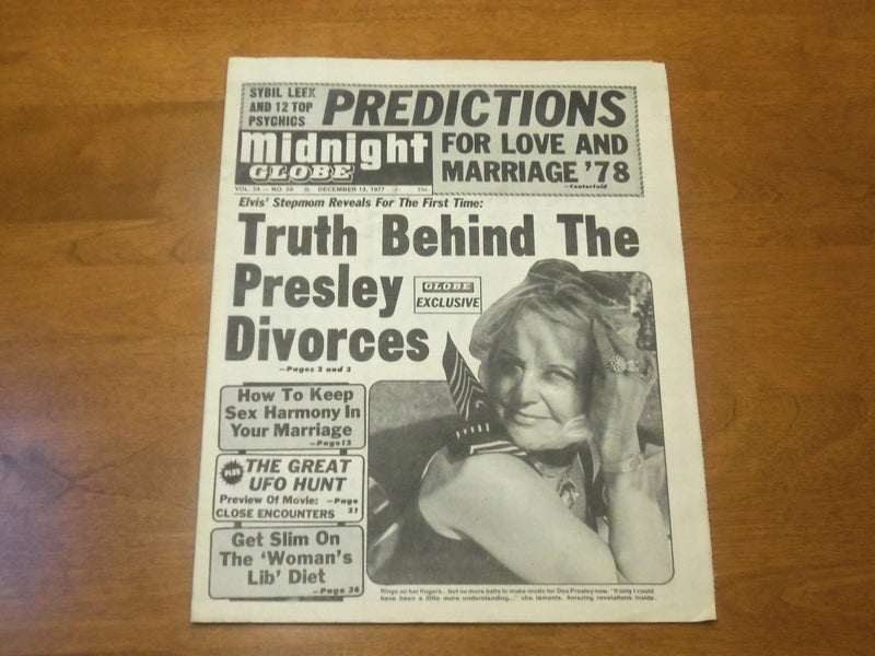 1977 DEC 13 MIDNIGHT GLOBE NEWSPAPER -TRUTH BEHIND THE PRESLEY DIVORCES- NP 4738