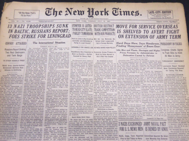 1941 JULY 15 NEW YORK TIMES - DIMAGGIO RUNS STREAK TO 54 - NT 5157