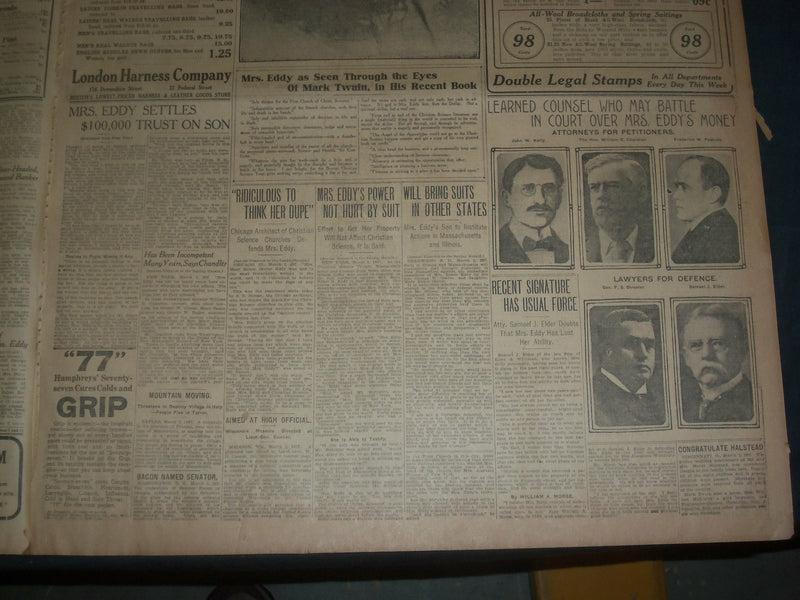 1907 MARCH 3 THE BOSTON HERALD - MRS. EDDY SETTLES $100,000 ON HER SON - BH 3