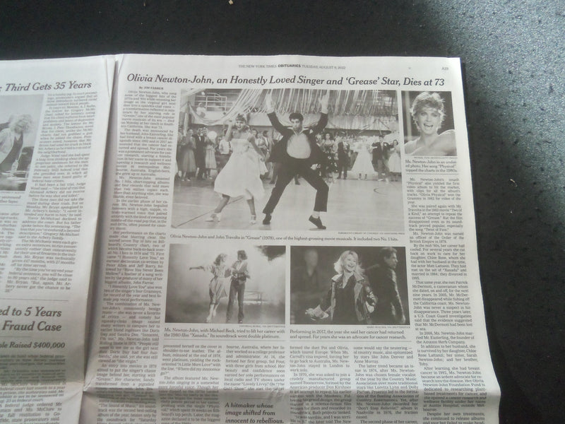 2022 AUGUST 9 NEW YORK TIMES - OLIVIA NEWTON-JOHN DIED (1948-2022)