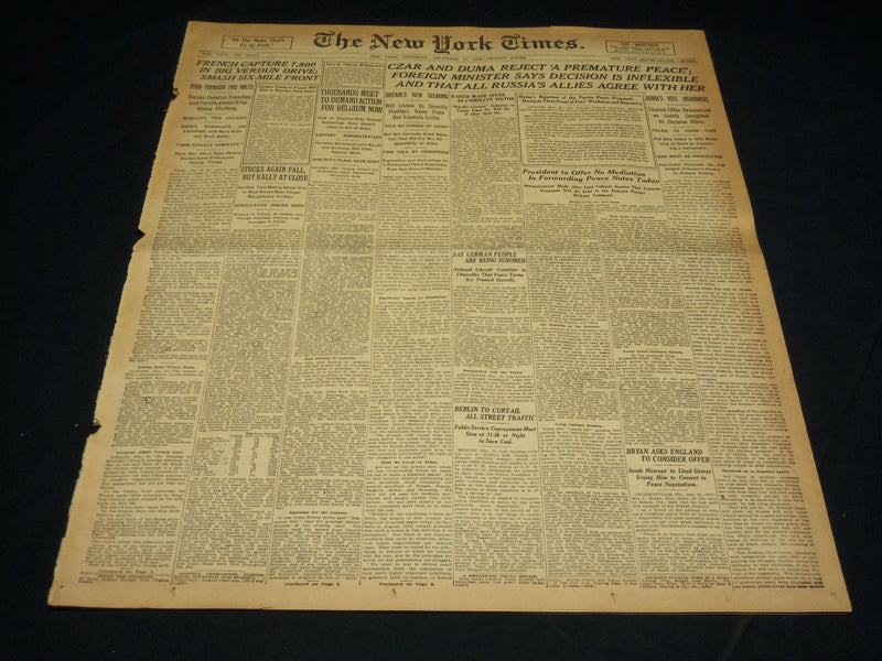 1916 DECEMBER 16 NEW YORK TIMES - CZAR AND DUMA REJECT PREMATURE PEACE - NT 8655