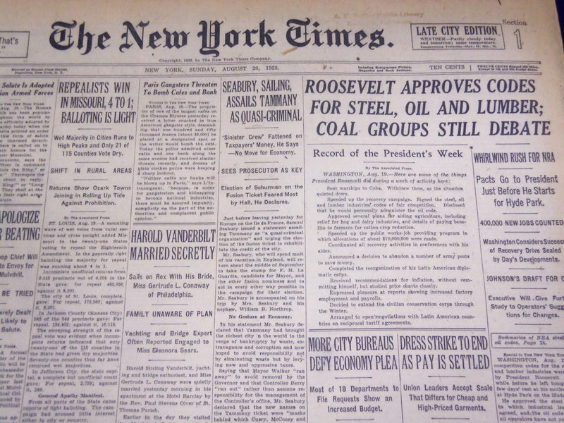 1933 AUGUST 20 NEW YORK TIMES - SEABURY ASSAILS TAMMANY - NT 3846