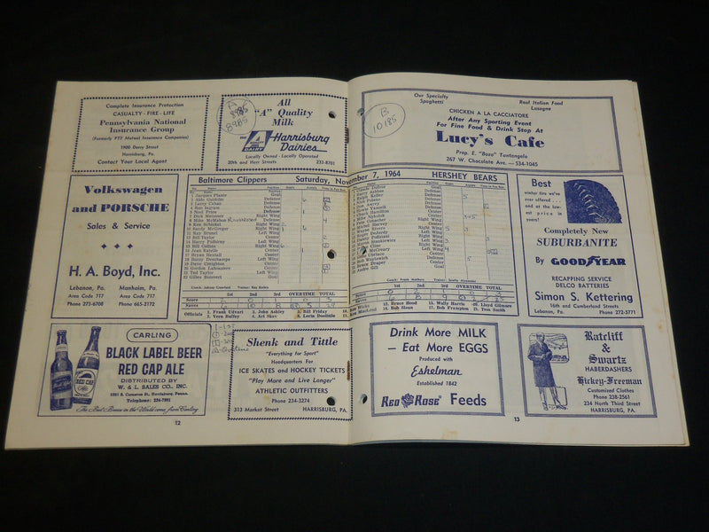 1964 NOV 7 BALTIMORE CLIPPERS - HERSHEY BEARS HOCKEY PROGRAM - RATELLE - J 6084