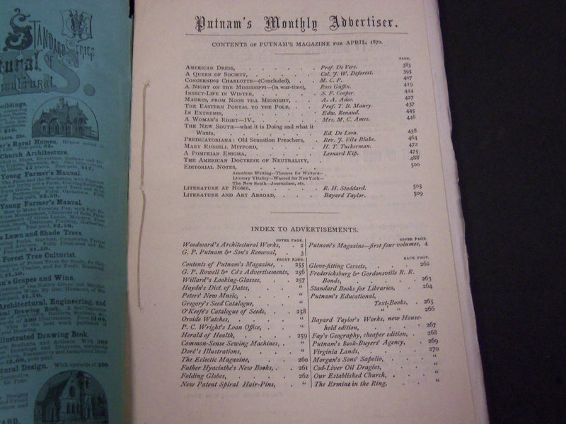 1870 PUTNAM'S MONTHLY MAGAZINE LOT OF 11 ISSUES - GREAT STORIES & ADS - WR 555