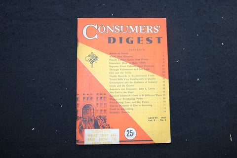 1937 AUGUST CONSUMERS' DIGEST MAGAZINE - COSMETICS: WHAT THEY ARE COVER - K 382