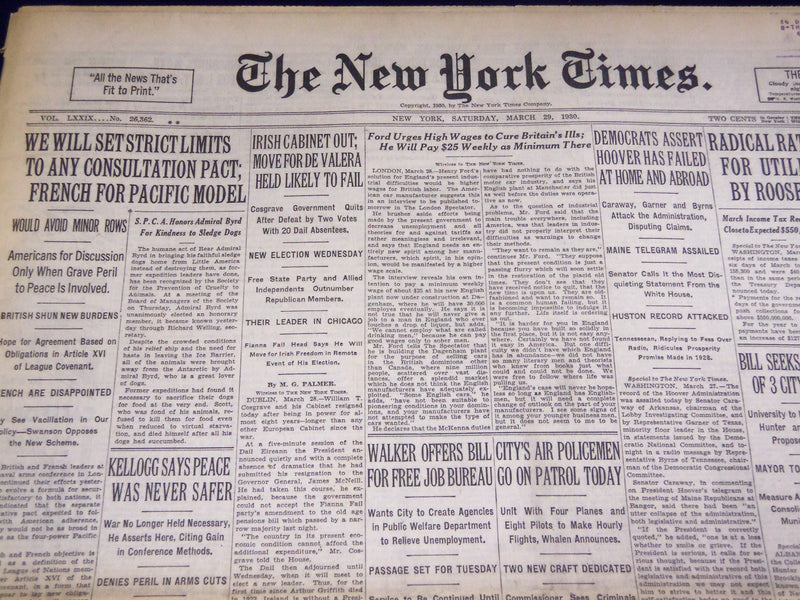 1930 MARCH 29 NEW YORK TIMES - IRISH CABINET OUT - NT 3895
