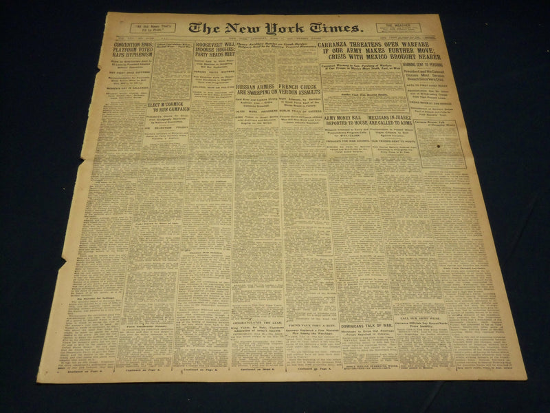 1916 JUNE 17 NEW YORK TIMES - CARRANZA THREATENS OPEN WARFARE - NT 8616