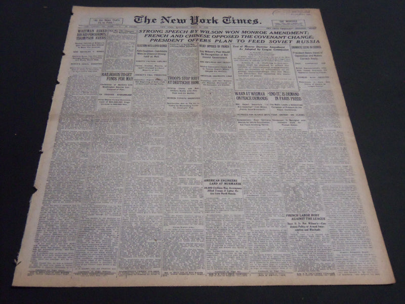 1919 APRIL 12 NEW YORK TIMES - STRONG SPEECH BY WILSON WON MONROE - NT 6968