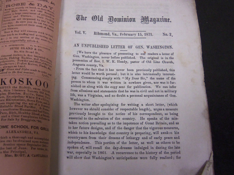 1871-1873 THE OLD DOMINION LITERATURE SCIENCE & ART MAGAZINE LOT OF 8 - WR 139