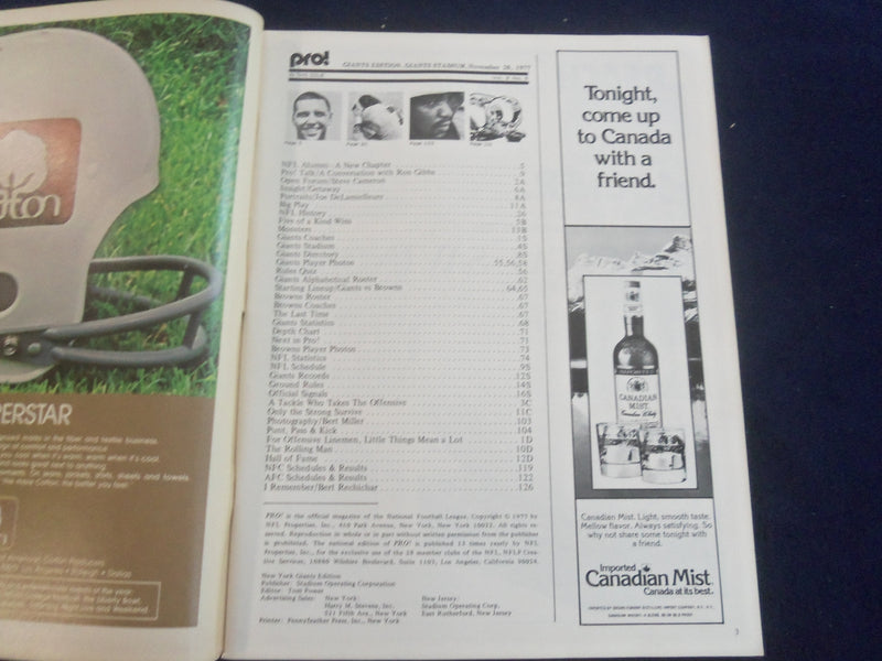 1977 NOVEMBER 20 PRO MAGAZINE - NY GIANTS VS. CLEVELAND BROWNS - SP 4714V