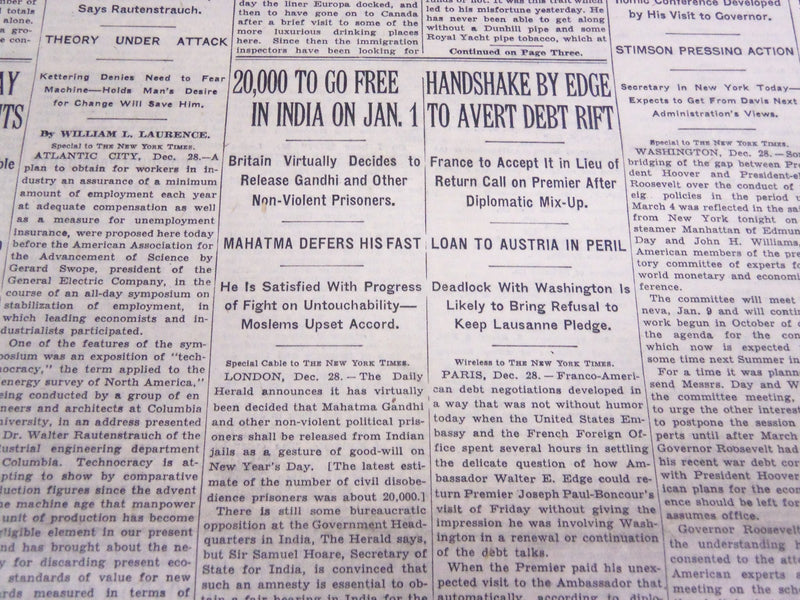 1932 DECEMBER 29 NEW YORK TIMES - 20,000 TO GO FREE IN INDIA - NT 4086