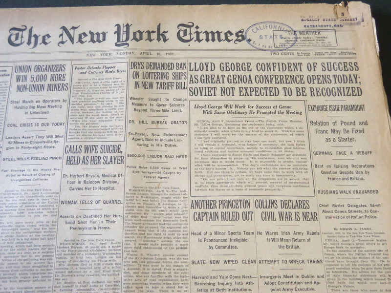 1922 APRIL 10 NEW YORK TIMES - LLOYD GEORGE CONFIDENT OF SUCCESS GENOA - NT 5764