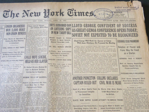 1922 APRIL 10 NEW YORK TIMES - LLOYD GEORGE CONFIDENT OF SUCCESS GENOA - NT 5764