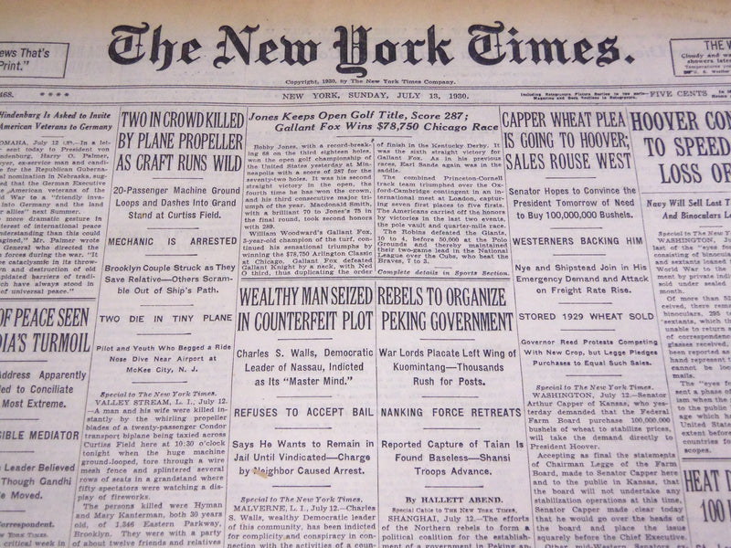 1930 JULY 13 NEW YORK TIMES - JONES KEEPS OPEN GOLF TITLE, SCORE 287 - NT 1651