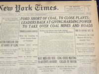 1922 AUGUST 27 NEW YORK TIMES - FORD SHORT OF COAL, TO CLOSE PLANTS - NT 8382