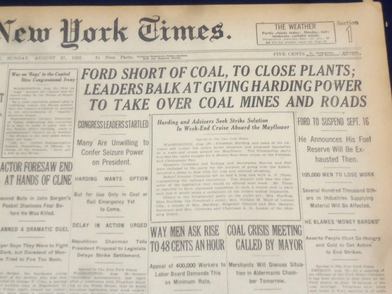 1922 AUGUST 27 NEW YORK TIMES - FORD SHORT OF COAL, TO CLOSE PLANTS - NT 8382