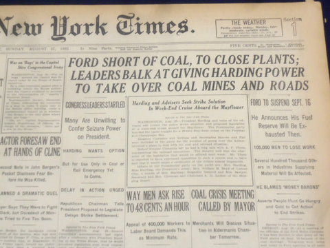 1922 AUGUST 27 NEW YORK TIMES - FORD SHORT OF COAL, TO CLOSE PLANTS - NT 8382