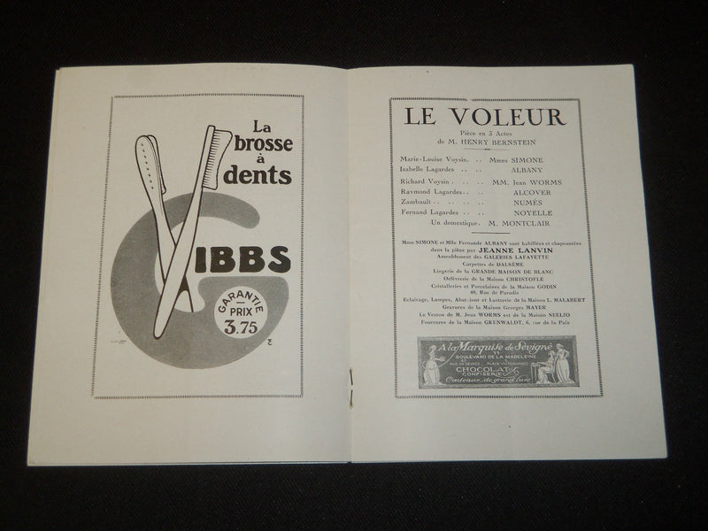 1921-1922 LE VOLEUR FRENCH THEATRE PROGRAM- HENRY BERNSTEIN - J 5385