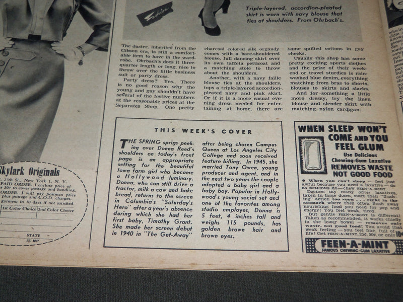 1951 APRIL 15 SUNDAY MIRROR MAGAZINE SECTION - DONNA REED COVER - J 3020