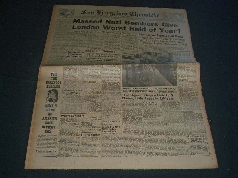 1941 MARCH 20 SAN FRANCISCO CHRONICLE - NAZI BOMBERS - SUPERMAN COMIC - NP 3623