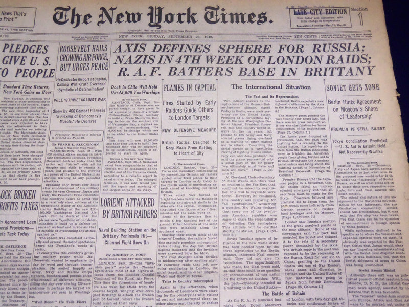 1940 SEPTEMBER 29 NEW YORK TIMES - NAZIS 4TH WEEK OF LONDON RAIDS - NT 2946