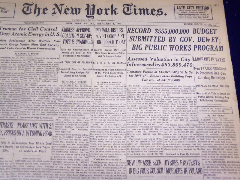 1946 FEBRUARY 1 NEW YORK TIMES - PLANE LOST ON A WYOMING PEAK - NT 2634