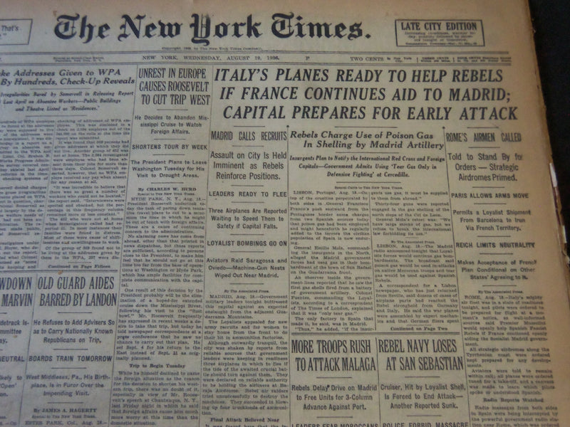 1936 AUGUST 19 NEW YORK TIMES - ITALY'S PLANES READY TO HELP REBELS - NT 6721