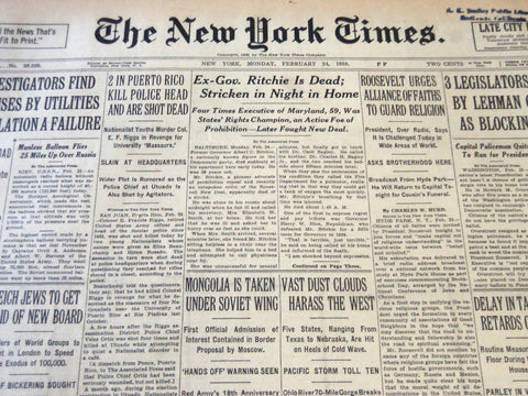 1936 FEBRUARY 24 NEW YORK TIMES - EX-GOV RITCHIE IS DEAD - NT 6702