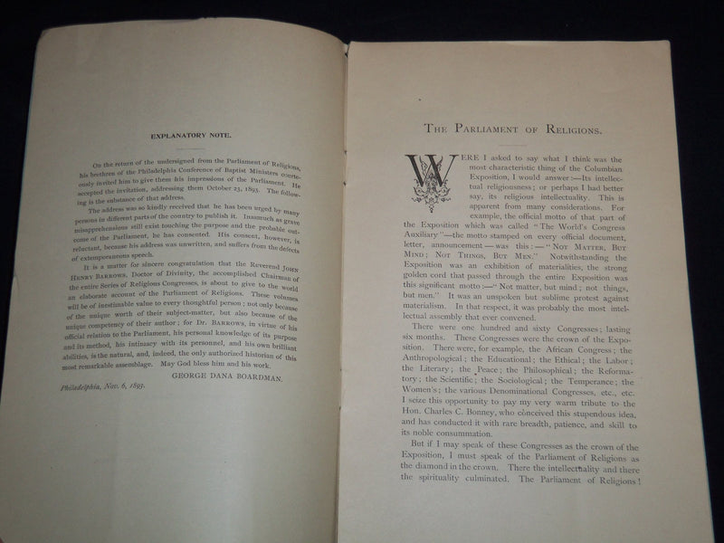 1893 THE PARLIAMENT OF RELIGIONS BOOK BY GEORGE BOARDMAN - J 8862