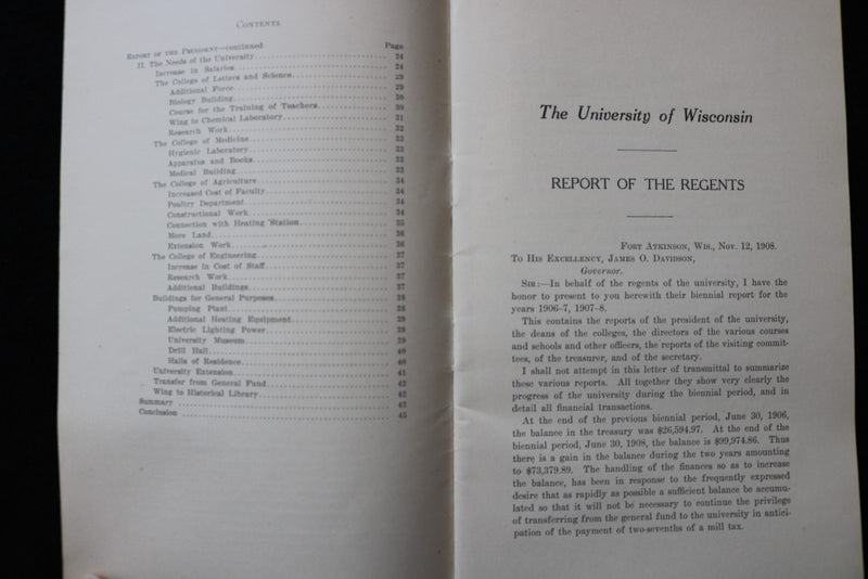 1908 UNIVERSITY OF WISCONSIN REPORT OF THE PRESIDENT SOFTCOVER BOOK - K 3009