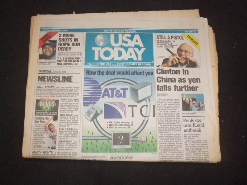 1998 JUNE 25 USA TODAY NEWSPAPER -CLINTON IN CHINA AS YEN FALLS FURTHER- NP 7933