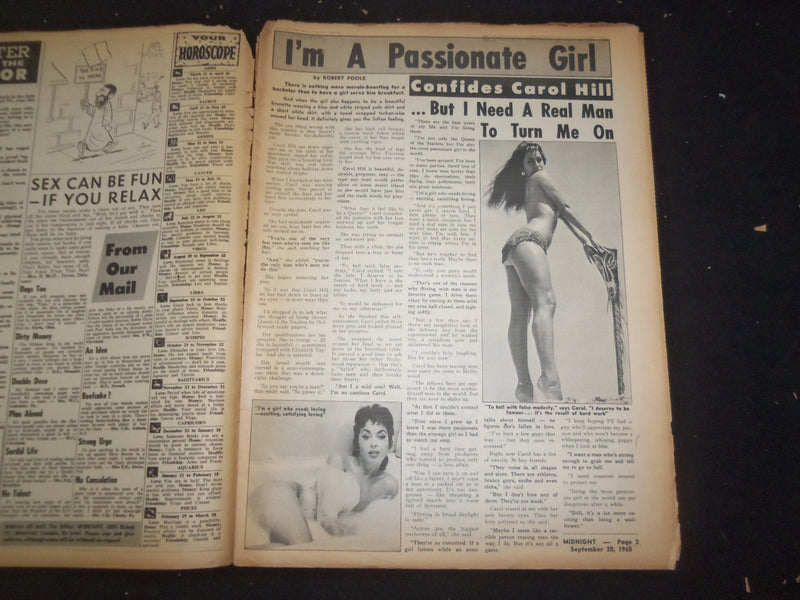 1965 SEPTEMBER 20 MIDNIGHT NEWSPAPER- CAROL HILL: MOST PASSIOINATE GIRL- NP 7350