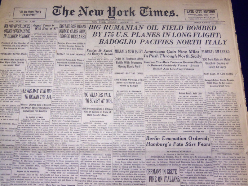1943 AUG 2 NEW YORK TIMES - RUMANIAN OIL FIELD BOMBED BY U. S. PLANES - NT 1781